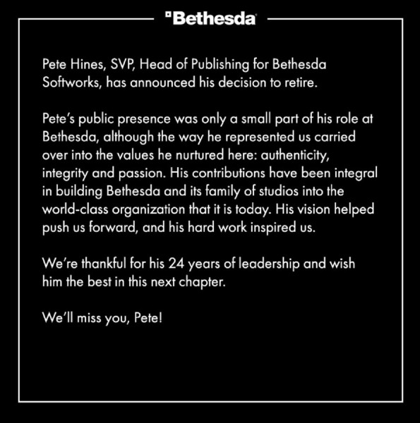 
                Пит Хайнс объявил об уходе из Bethesda. Знаменитый управленец работал в компании с 1999 года
            